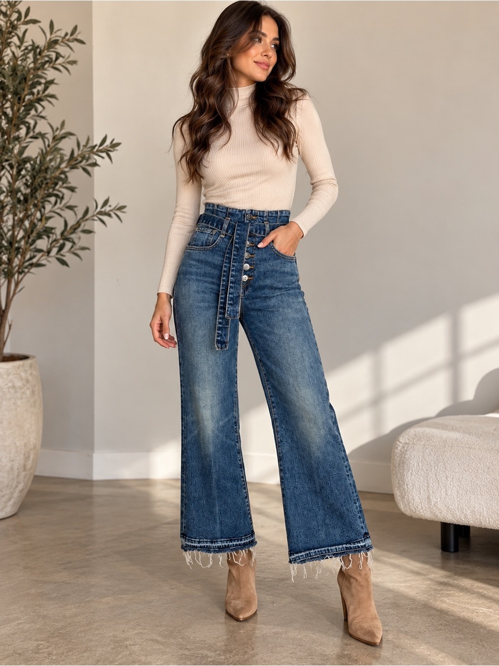 Veronica Beard Sz 26 High Rise Belted Wide Leg Cropped Jeans Raw Hem